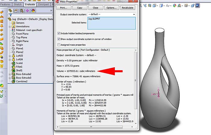 محاسبه حجم در Solidworks